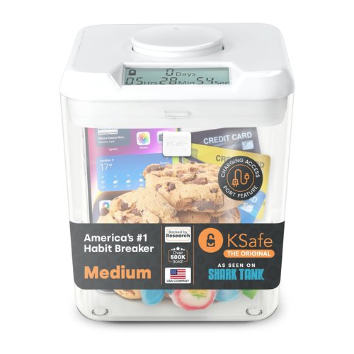 Kitchen Safe Time Locking Container (Medium), Timed Lock Box for Cell Phones, Snacks, and other unwanted temptations (White Lid + 5.5” Clear Base)