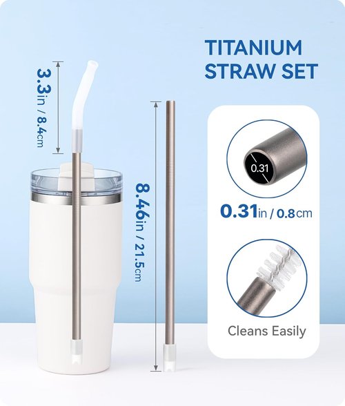 Heavy-Duty Titanium Straws - 8.5" Reusable Metal Drinking Straws for 20 oz Tumblers | Eco-Friendly & BPA-Free with Cleaning Brush