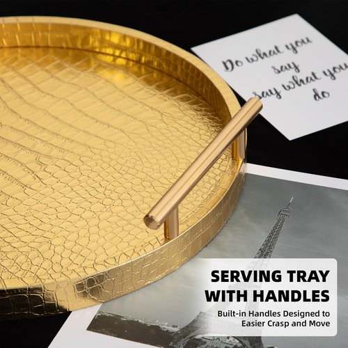 JUMBO HUMBLE Modern Decorative Tray Set of 2, Wooden Round Crocodile Leather Tray with Polished Metal Handles, Decorative Serving Trays Coffee Table Trays Ottoman Platter for Home Decor (Golden)