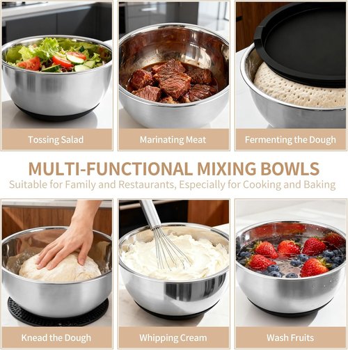Deedro Premium Mixing Bowls Set - 22Pcs Stainless Steel with Airtight Lids | Non-Slip Silicone Base, Black