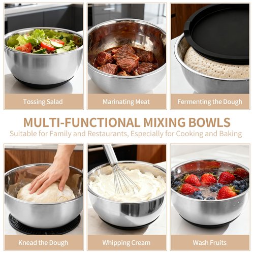 Deedro Premium Mixing Bowls with Airtight Lids Set, 22Pcs Thicker Stainless Steel Mixing Bowl Set, Large Prep Metal Bowls, Non-Slip Silicone Base Nesting Bowls for Kitchen, 1.5/2/3/4/5 QT, Black