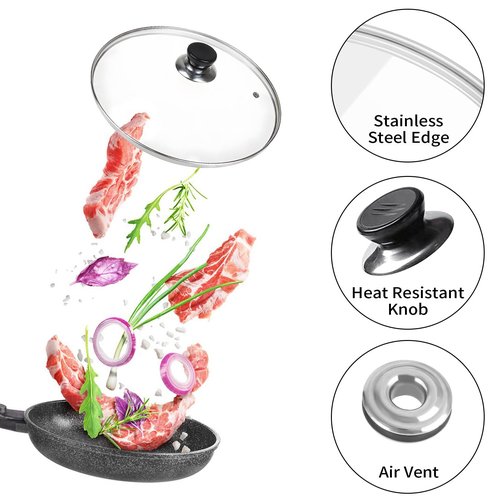10Inch Glass Lid, Pan Cover, Tempered Glass Pot Lid with Stainless Steel Rim, Shatterproof and Heat Resistant, Clear Universal Cover for Frying Pans, Skillets (10 INCH)