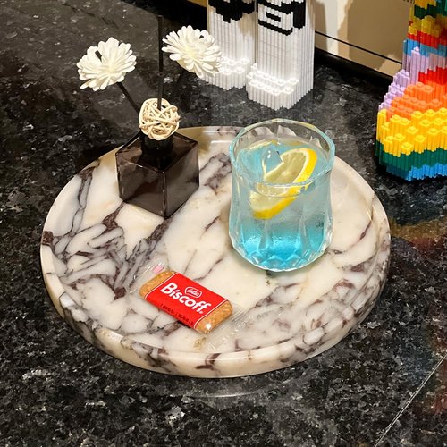 Natural Marble Tray, Coffee Table, Food, Fruit, Paper Cup, Cake Display, Coffee bar, Family Gatherings, Seasonal Holiday Decoration Tray(Viola-Circular-9.8"x9.8"x0.7")