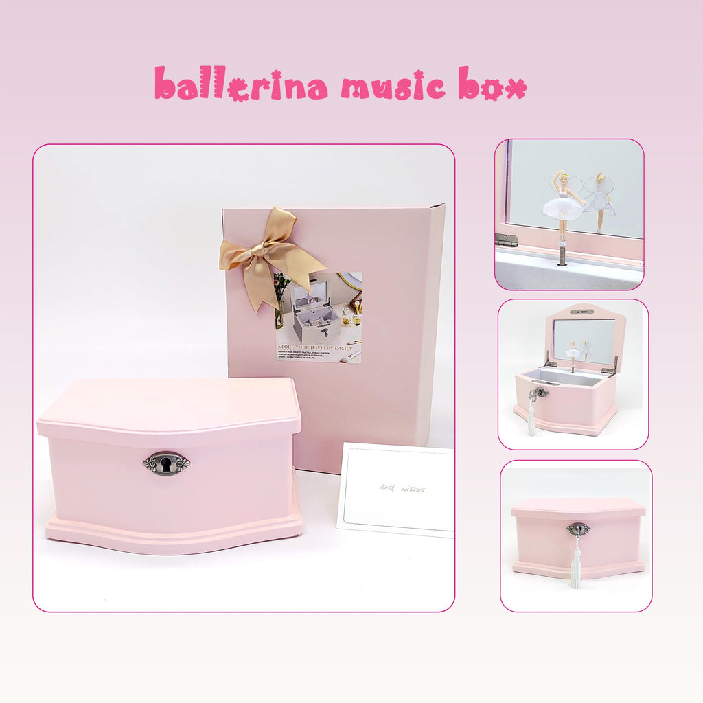 Lihou PapaQ Pink Ballerina Musical Jewelry Box for Girls, Wooden Jewelry Storage Chest with Mirror & Lock, Swan Lake Tune Spinning Ballerina Music Box, Ideal Kids Gift for Christmas & Holidays