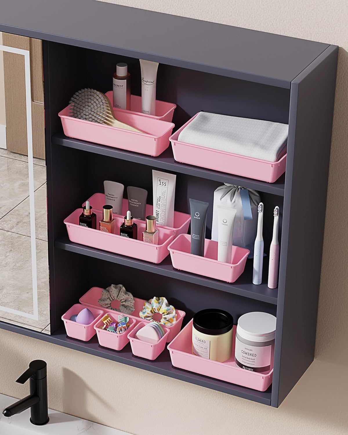BiuLeon 25 PCS Plastic Drawer Organizers Set - Versatile Makeup & Vanity Storage | Pink, 4 Sizes
