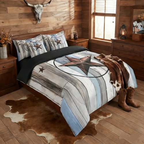 Western Texas Star Sheet Sets 7 Piece, Rustic Farmhouse Comforter Set Queen Size, Retro Cowboy Bedding Set For Kids Teens Adult Men Bedroom, Country Wooden Door Bed In A Bag Western Home Decor