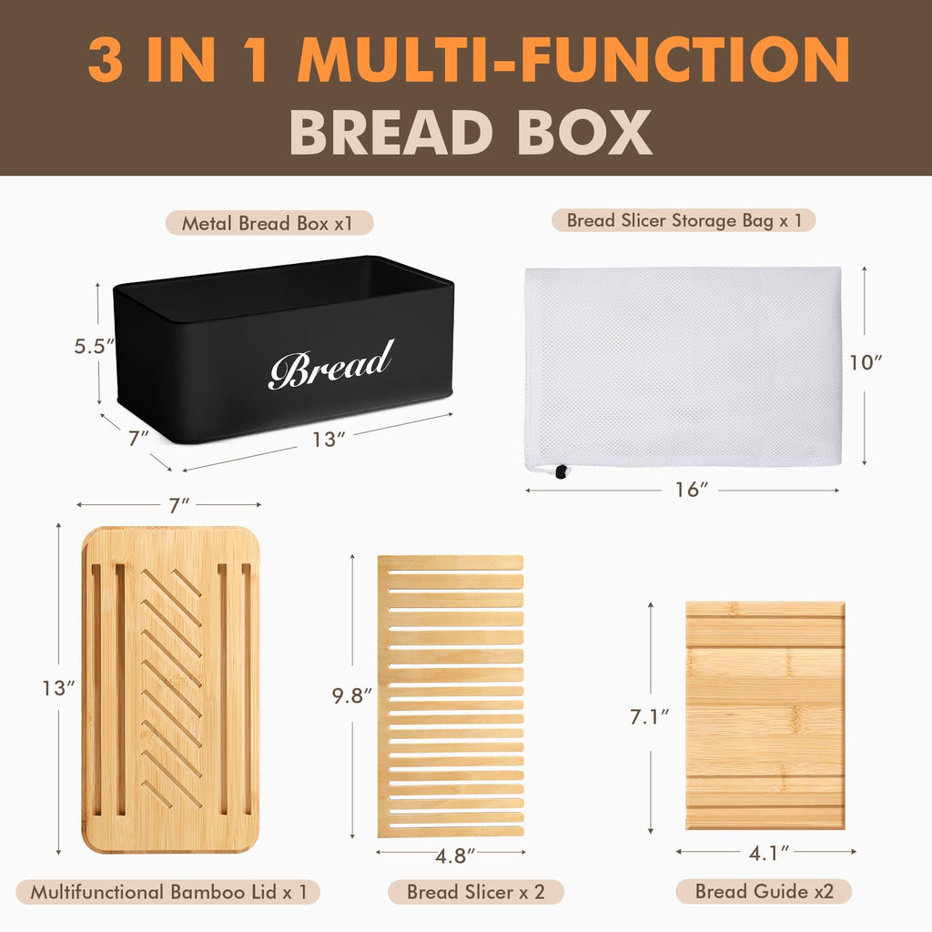 RYTOXILO Bread Slicer with Bread Box, Black Bread Storage Container for Kitchen Countertop with Multifunction Bamboo Lid, 3 in 1 Breadbox for Loaf Slicing & Tray, Bread Holder for Kitchen
