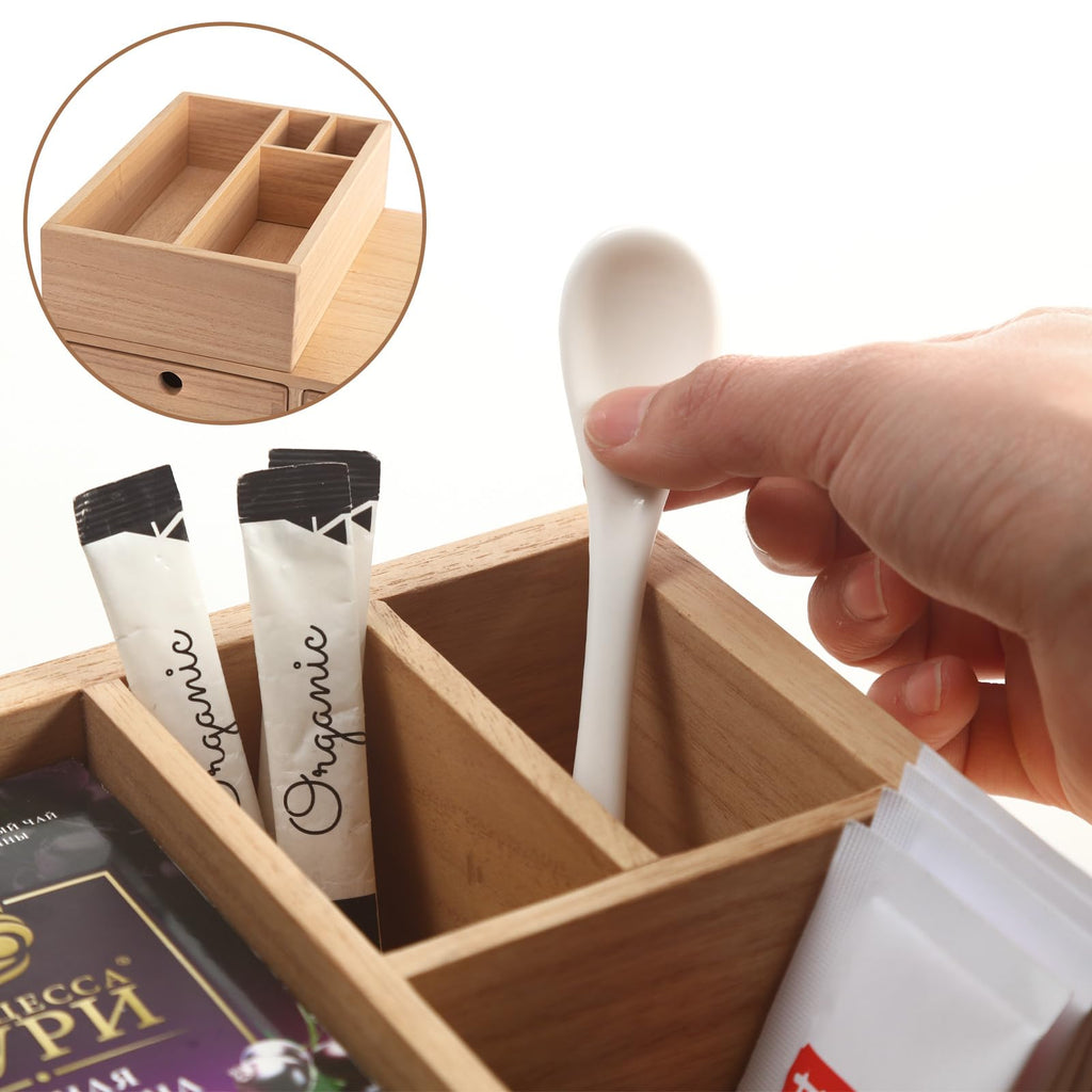 KIRIGEN Wooden Coffee Station Organizer 2-Piece Set - Coffee Bar Storage with Drawers for Sugar, Tea - Coffee Pod Holder and Accessories Organizer for Kitchen Counter Nature KFJTZ-NA