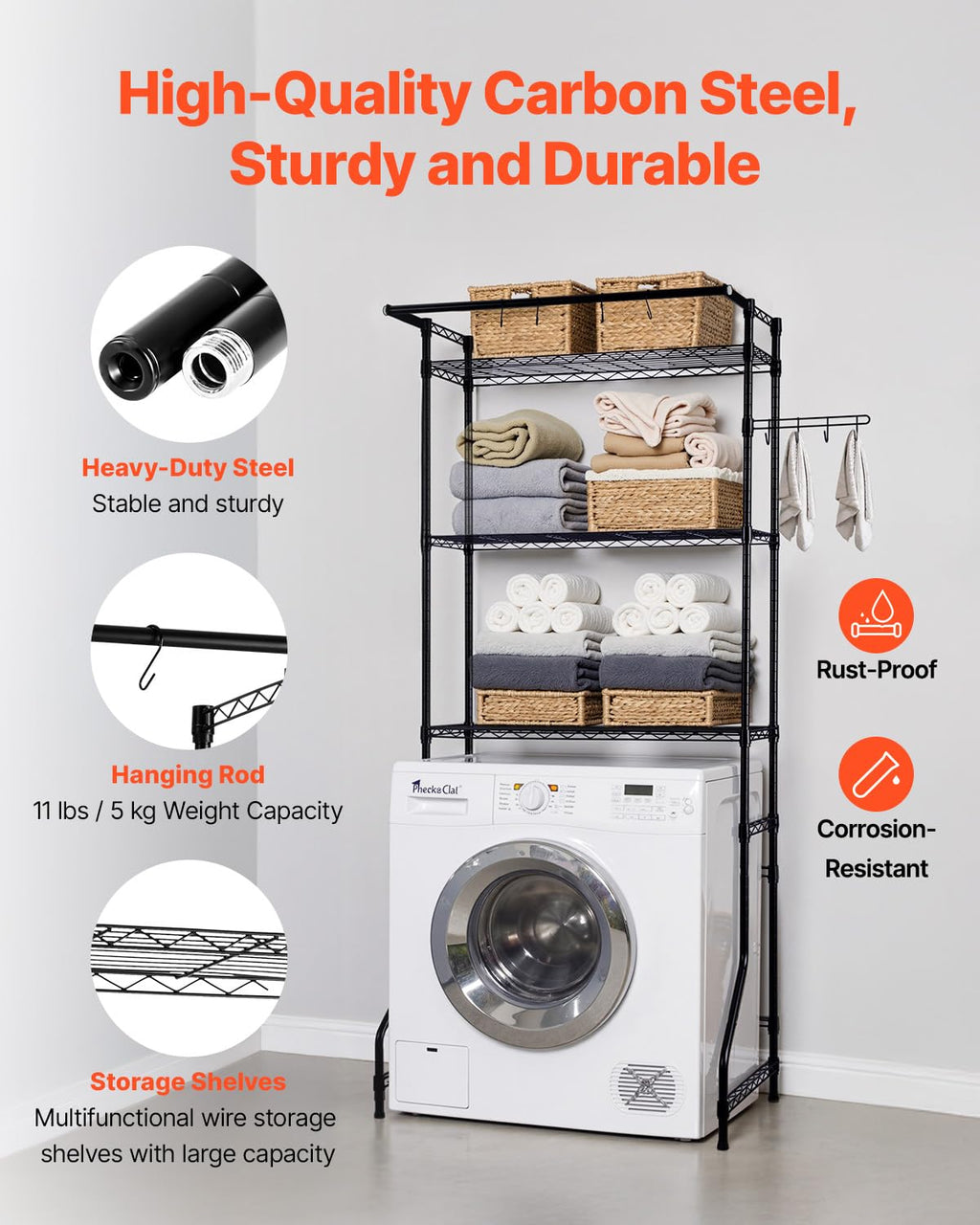 VEVOR Over The Washer and Dryer Storage Shelf, 3 Tier Laundry Room Drying Rack with Hanger Rod and Hooks, Adjustable Over Washer and Dryer Shelves, Laundry Room Shelf Storage Space Saver, Black