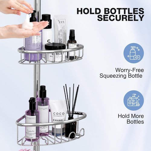 Corner Shower Caddy Tension Pole - Stainless Steel 4-Tier Rustproof Organizer | 47-121 Inch Adjustable Bathroom Shelves for Shampoo Storage - Silver