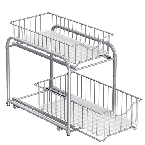 SONGMICS 2-Tier Pull Out Cabinet Organizers, Under Sink Organizer, Bathroom Organizer and Storage, Sliding Basket Drawers, Stackable for Kitchen, Bathroom, Metallic Silver UKCS017E01