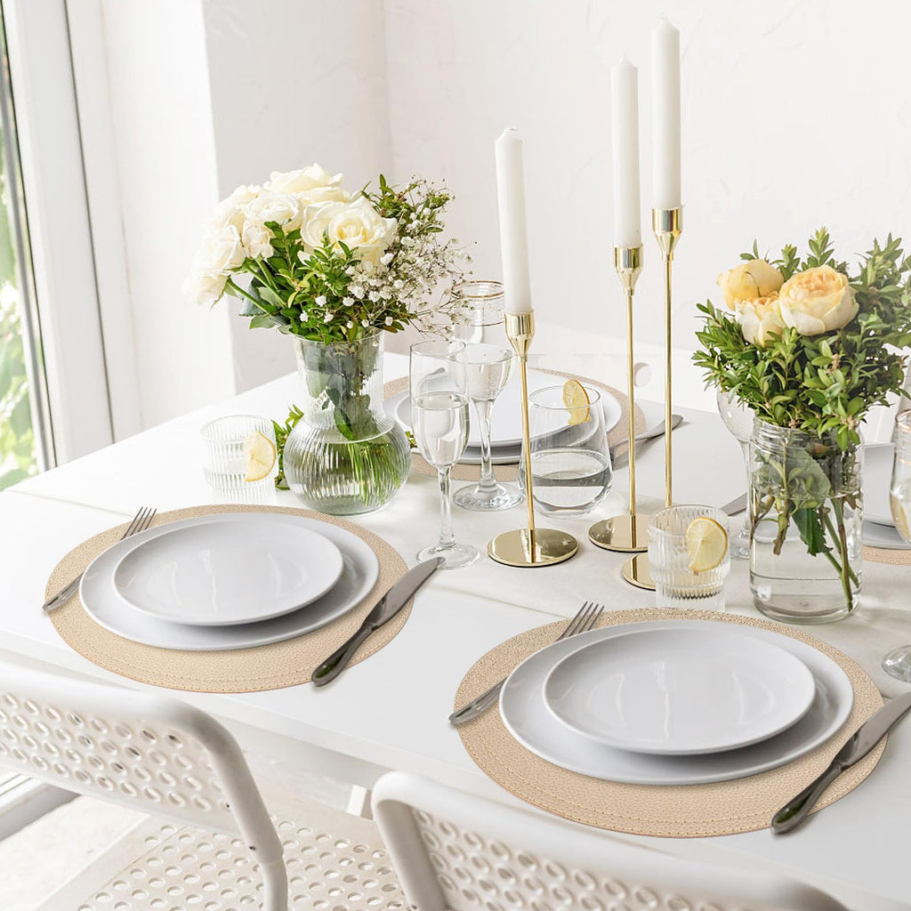 Set of 8 Faux Leather Gold Round Placemats and Coasters, Coffee Mats Kitchen Table Mats, Waterproof, Easy to Clean for Kitchen Dining Round Table