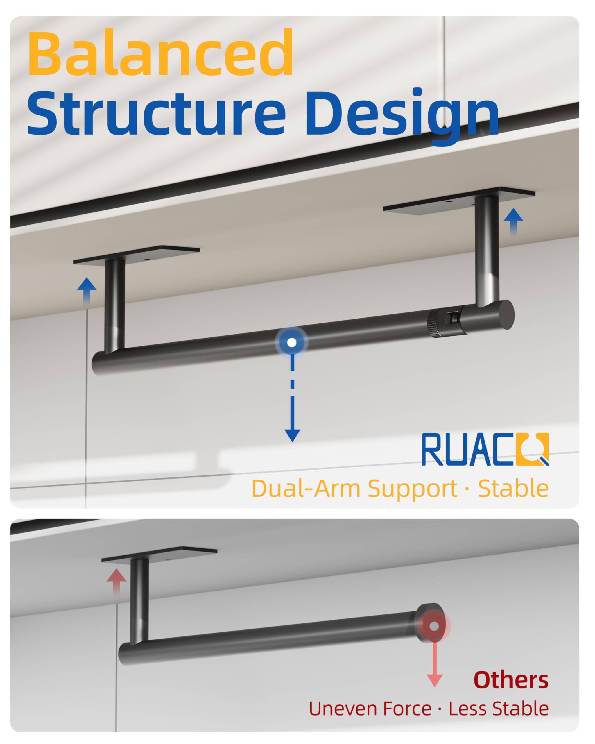 RUACQ Paper Towel Holder Under Cabinet, Wall Mounted or Adhesive Stainless Steel Paper Towel Holder,Square Base Paper Towel Rack for Kitchen, RV, Bathroom (Matte Black)