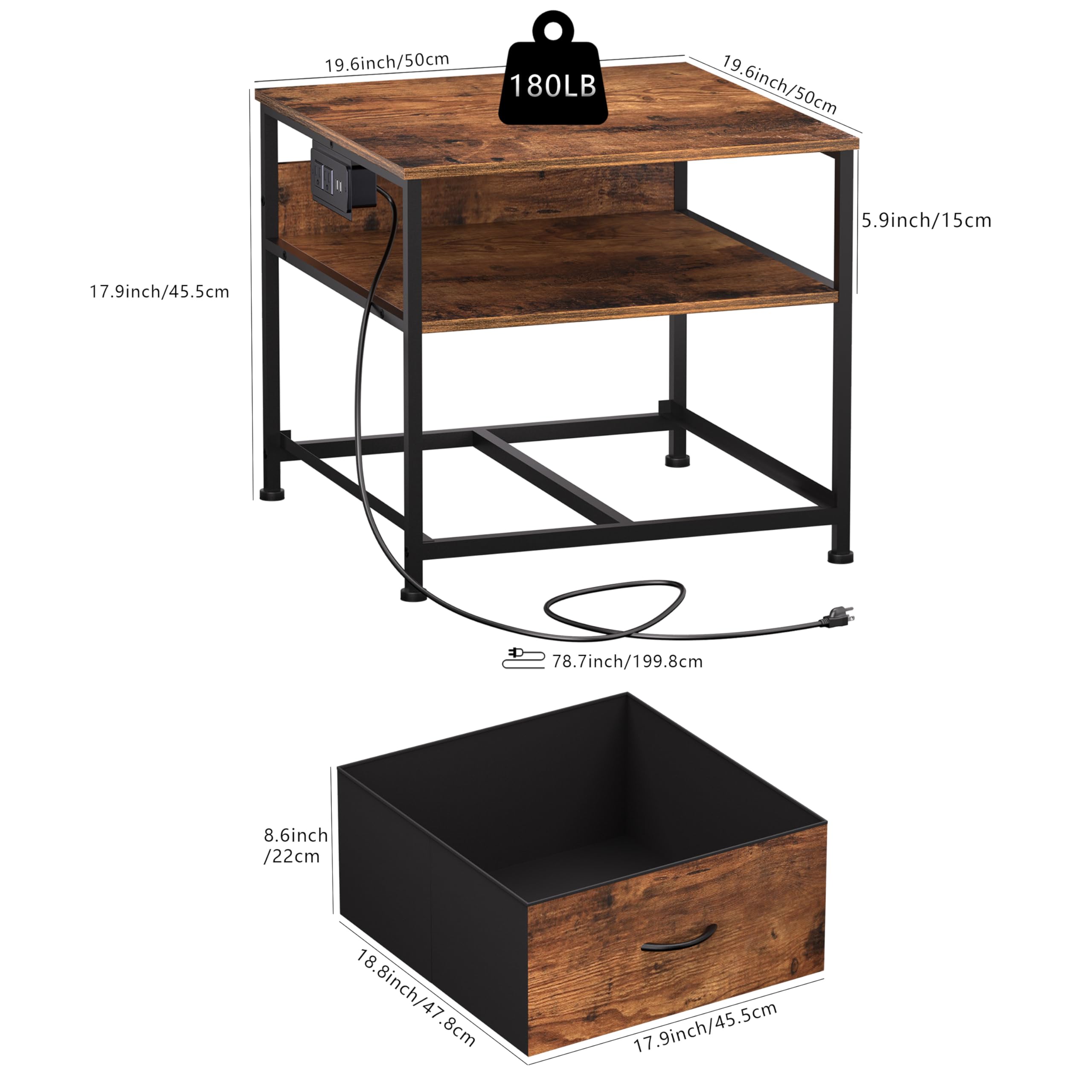 Unionly 180 lb Mini fridge Table with Drawer fridge Shelf, Smal fridge cabinet with storage,Heavy Duty Mini Fridge Standwith Charging Station, 4 Adjustable Feet for Home Kitchen Rustic Brown