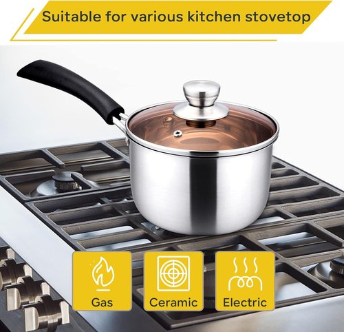 E-far 1 Quart Stainless Steel Saucepan with Glass Lid - Easy Clean & Rust-Free Cookware