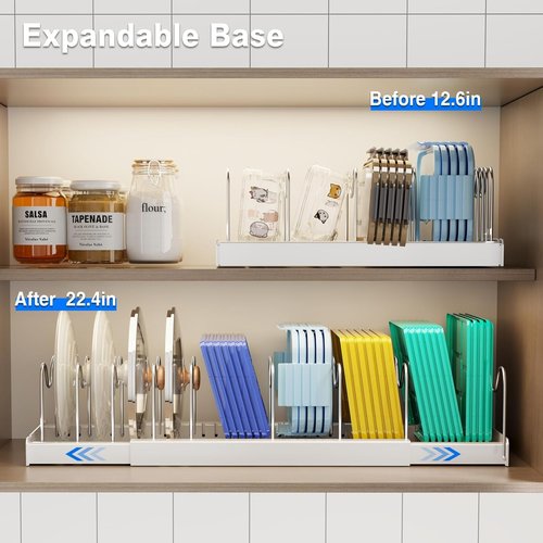 Mustorn Pots and Pans Organizer Under Cabinet, 22" Expandable Food Storage Container Lid Organizers with 9 Adjustable Dividers Pot and Pan Lid Holders Rack Inside Cabinet/Countertop(1 Pack, White)