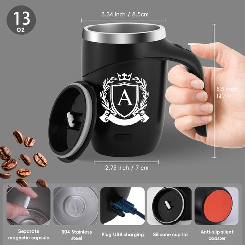 Initial Magnetic Stirring Coffee Mug Stainless Travel Cup Adult Men Guy Him Brother Dad Boyfriend Uncle Niece Best Friendship Grandpa Grandfather Husband Son Law Happy Birthday Cool Meaningful Gifts,J