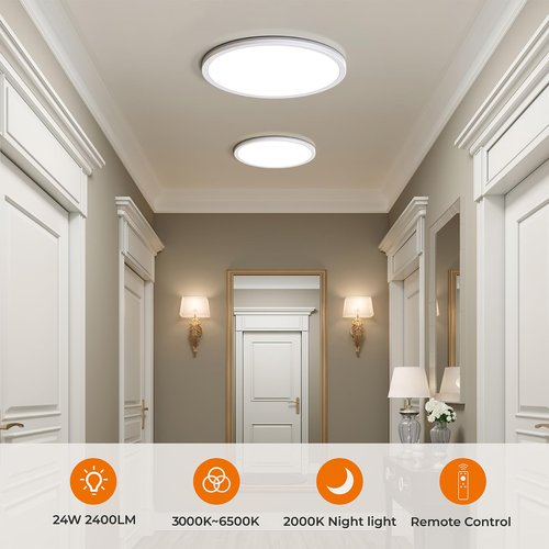 Matane 12in LED Flush Mount Ceiling Light Fixture with Remote Control, Nightlight 2000K Warm, 3000K-6500K Adjustable, Wired Low Profile Ceiling Lights for Bedroom, Kitchen, Living Room, White