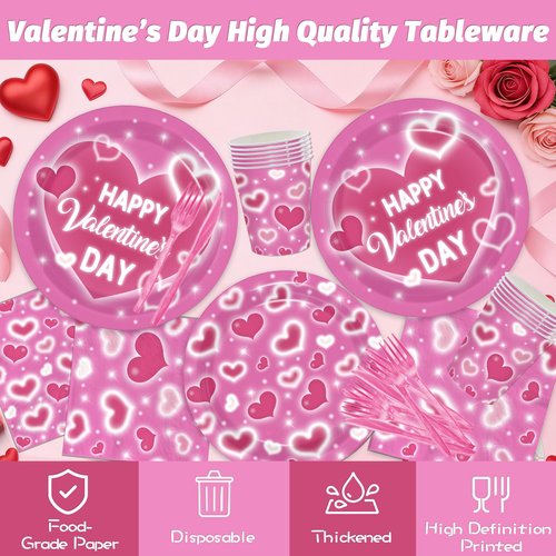 Valentine's Day Party Supplies Happy Valentine's Day Pink Heart Love Tableware Disposable Paper Plates Napkins Cups Forks and Knives for Valentine Day, Anniversary,Wedding Table Decor,Serve 24