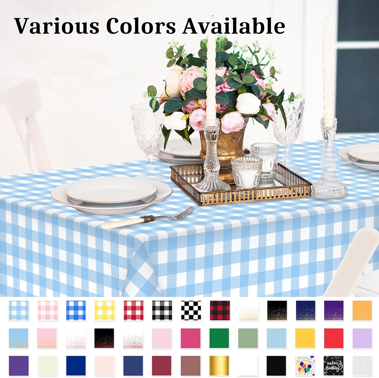 Skiennix Light Blue Checkered Tablecloth - 54" x 108" Waterproof Disposable Cover for Parties & Picnics