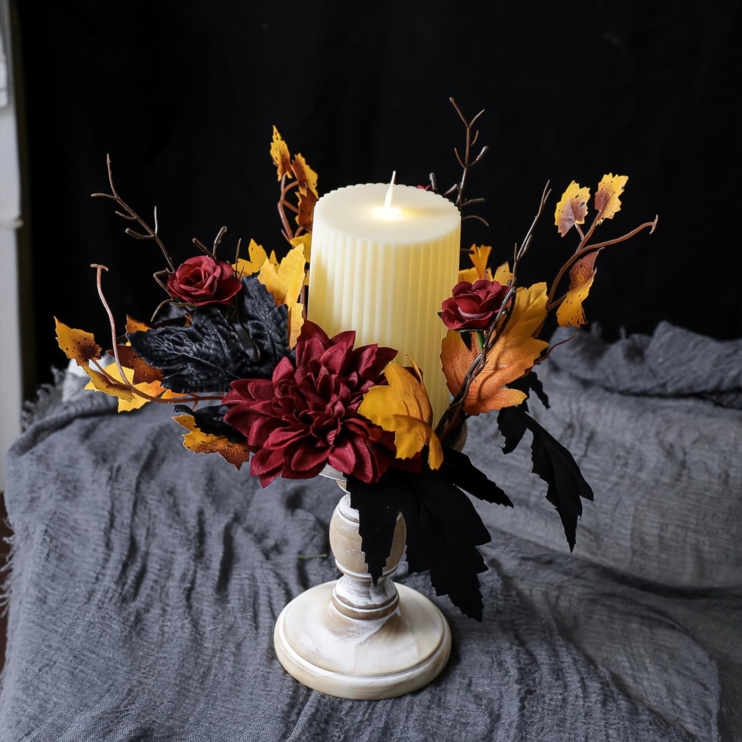 Regine Switzerland Halloween Candle Ring - Red Flowers & Artificial Maple Leaves | Perfect for Table Centerpieces