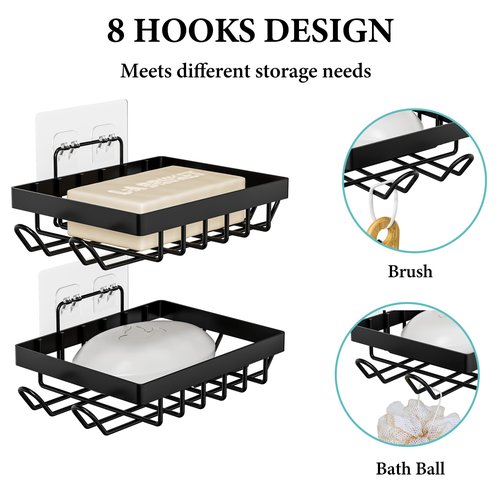 Vowupt Soap Bar Holder for Shower with 8 Hooks, Set of 2 Bar Soap Dish for Bathroom, Self Draining Shower Soaps Holder, Adhesive Soaps Saver Soap Tray Stand for Bathroom Accessories(Black)