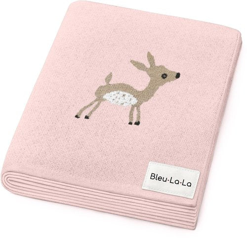 Bleu La La Knit Baby Swaddle Blanket - 100% Cotton Soft Cozy Receiving Swaddle Stroller Blanket for Shower Gift Registry for Newborns, Infants, Toddlers (Deer - Pink)
