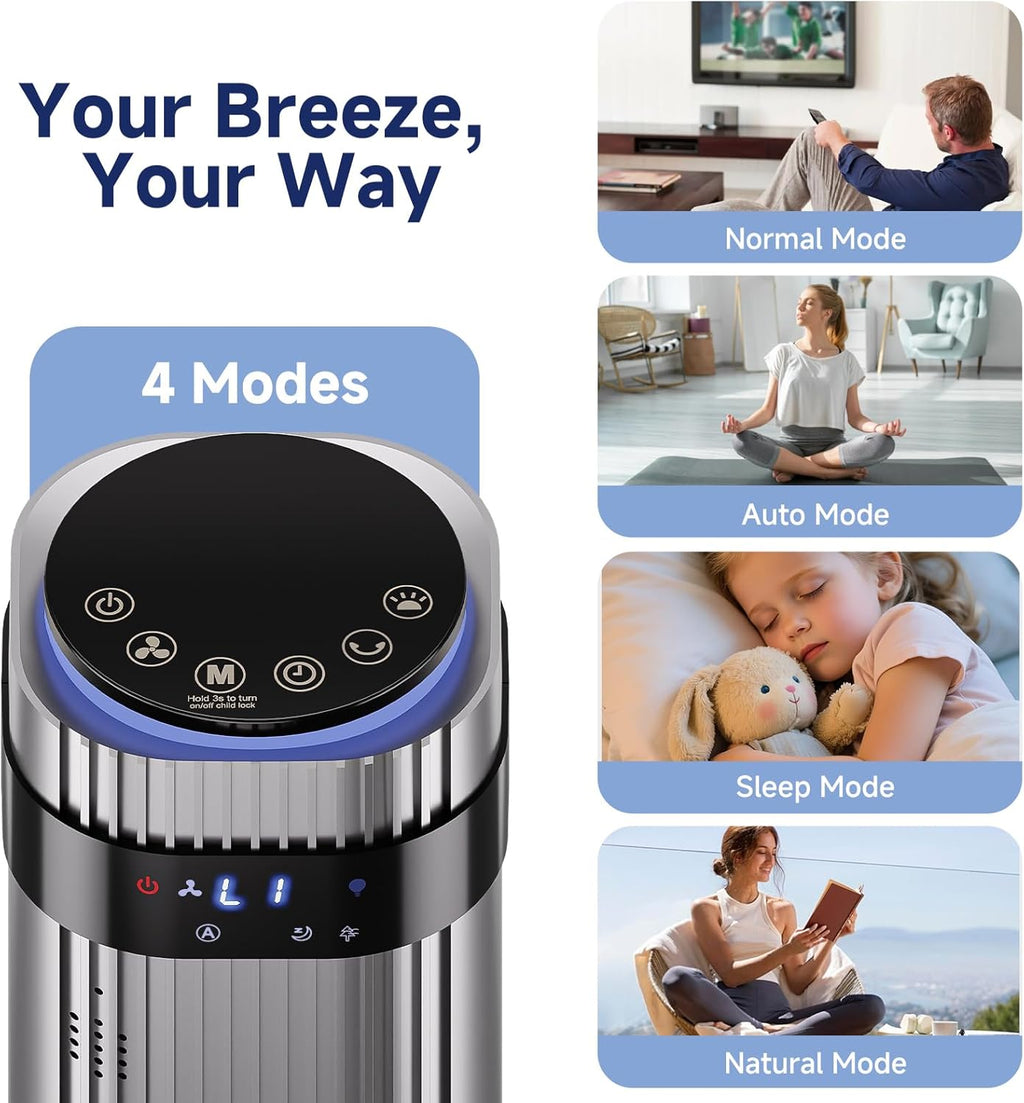 OLIXIS Tower Fan - Quiet 28dB Bladeless Cooling Fan with Remote, 12-Hour Timer, 5 Speeds | Grey