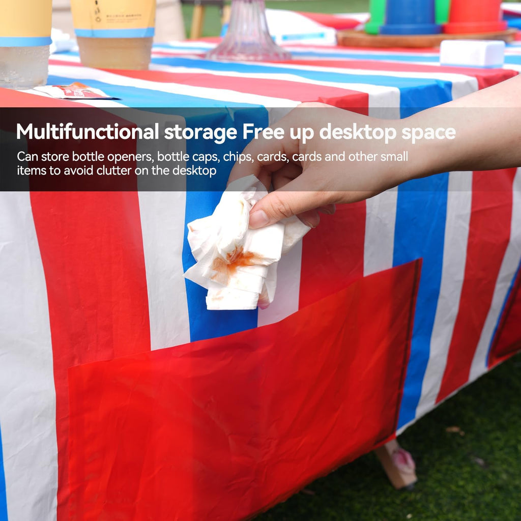 Skiennix Disposable Plastic Tablecloths - Patriotic Striped Design | 3-Pack 72”x54” for Fourth of July Parties