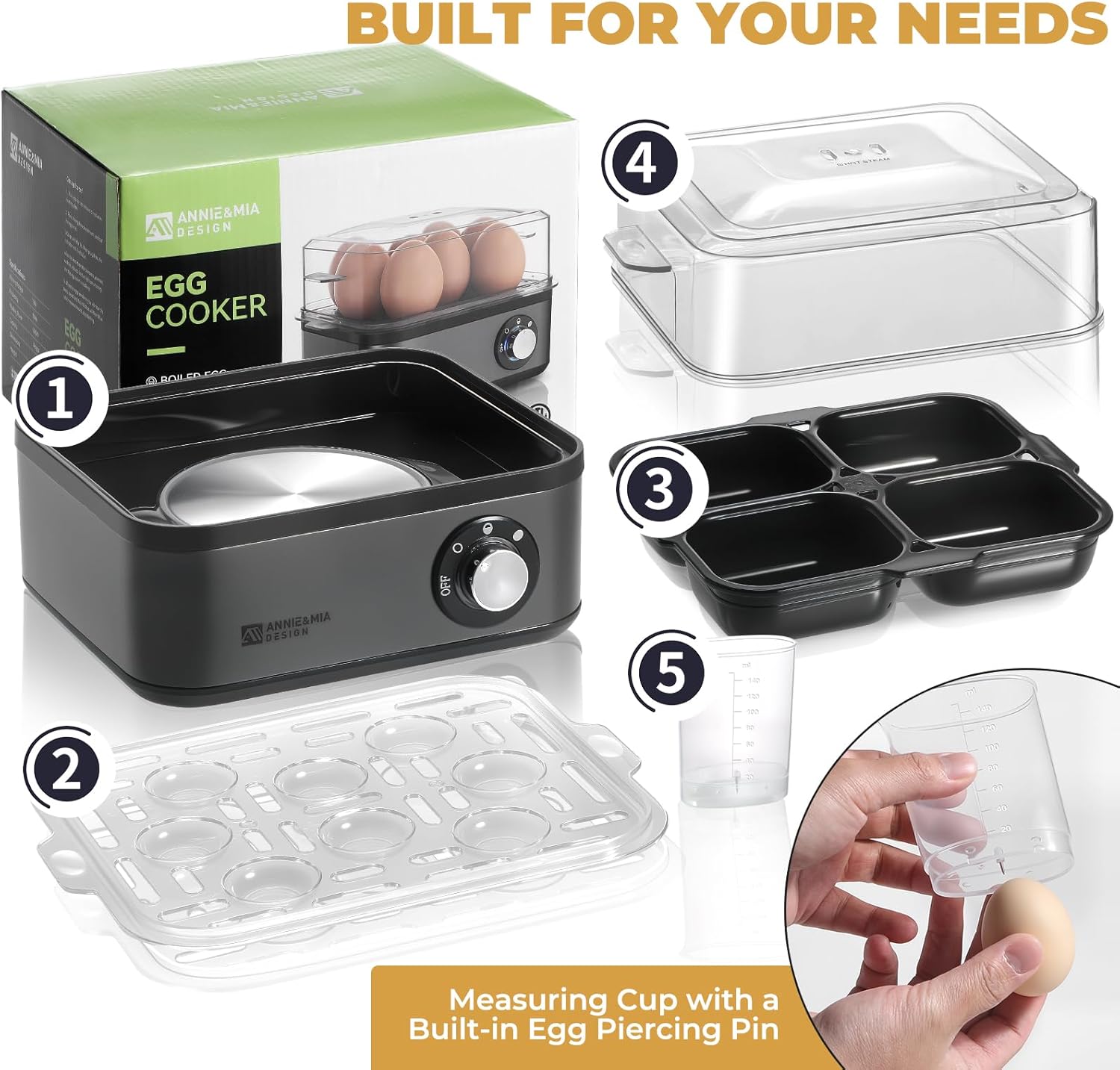 Annie & Mia Design Electric Egg Cooker - 8 Egg Capacity, 500W Rapid Boiling, Auto Shut-Off | Black