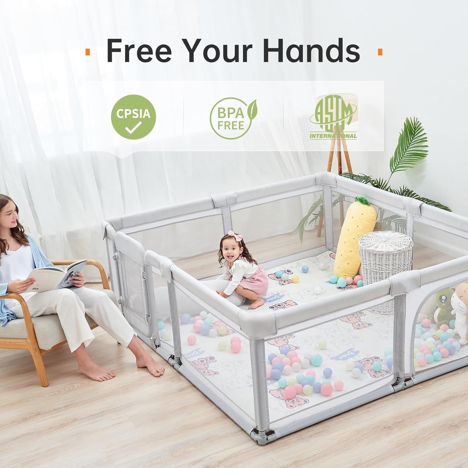 Skiennix Baby Playpen - 71"x71" Foldable Play Yard with Zipper Door & Gate | Light Grey Color