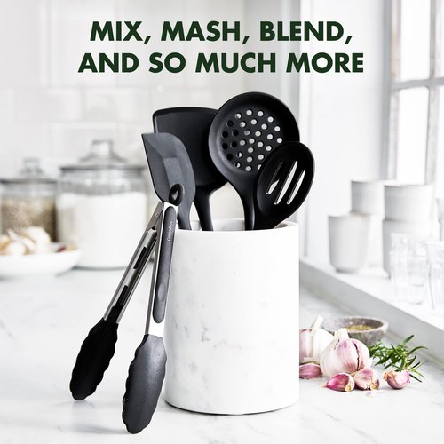 GreenPan 5 Piece Cooking Utensil Set, Flexible Nonstick Silicone, Stain-Free, Tongs, Turner, Spatula, Skimmer, and Slotted Spoon, Black
