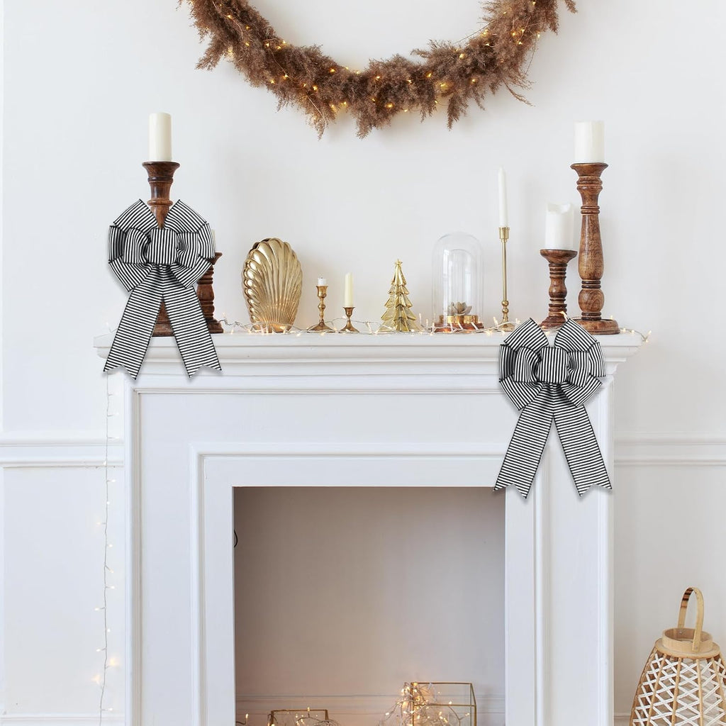 Skiennix 2-Piece Black & White Stripe Wreath Bows - Rustic Burlap Decorative Bows for Indoor/Outdoor Events