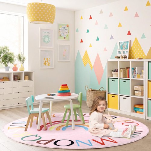 Truqual Nursery Rug Round Rainbow Classroom Rug Elementary, Non-Slip Rainbow Rug for Girls Room, Extra Large Learning Carpet for Kids Playroom, Circle Play Mat for Toddlers