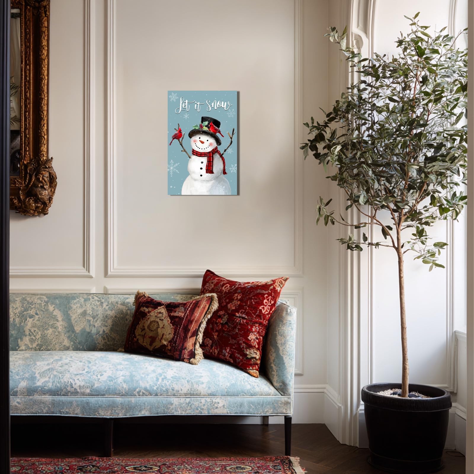 1 KINGO Let It Snow Christmas Snowman Wall Art:10"x15" Cardinal Bird Snowflakes Xmas Picture Winter Scene Canvas Art Farmhouse Print for Bedroom Living Room Home Office Holiday Decor