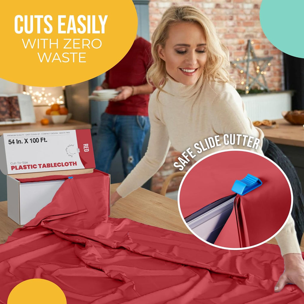 Party Solids Red Plastic Table Cover Roll - 54 Inch X 100 Feet with Convenient Slide Cutter