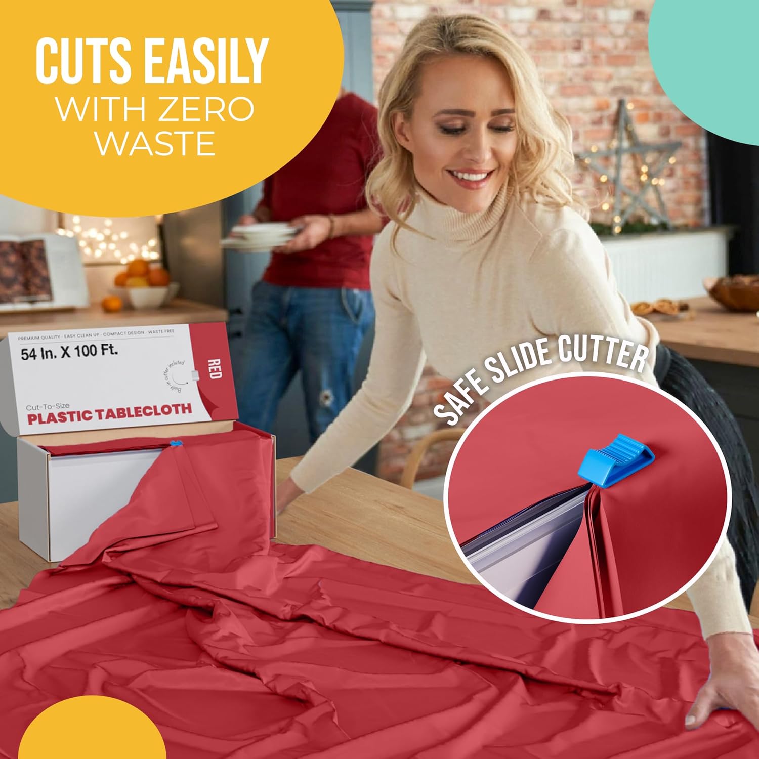 Party Solids Red Plastic Table Cover Roll - 54 Inch X 100 Feet with Convenient Slide Cutter