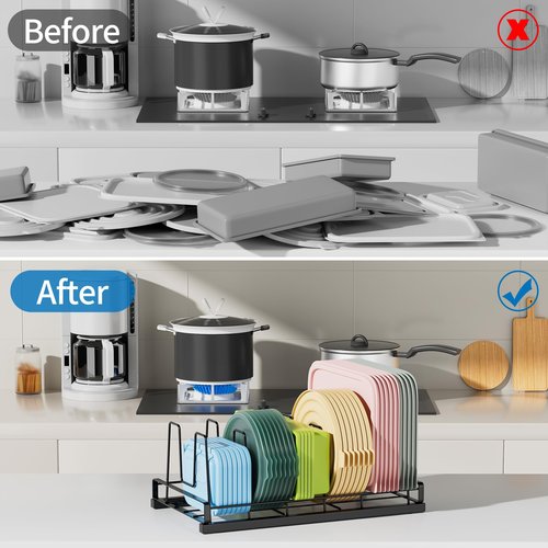 GAGUIUP Food Container Lid Organizer, Adjustable 6 Dividers Full-Metal Pot and Pan Organizer Rack for Kitchen Cabinets, Drawers, Cupboards, Pantry Shelves Storage, Black