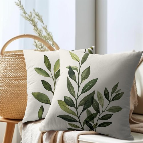 Kawani Sage Green Leaf Pillow Covers 18x18 Inch Set of 2 Spring Leaves Plants Botanical Decorative Pillowcase Cotton Linen Square Cushion Case for Couch Sofa Bedroom Home Decoration