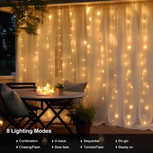 Echosari 300 LED Curtain Lights - Battery Operated Fairy Lights with Remote Timer | 9.8ft x 9.8ft Warm White for Bedroom, Patio, Wedding Décor
