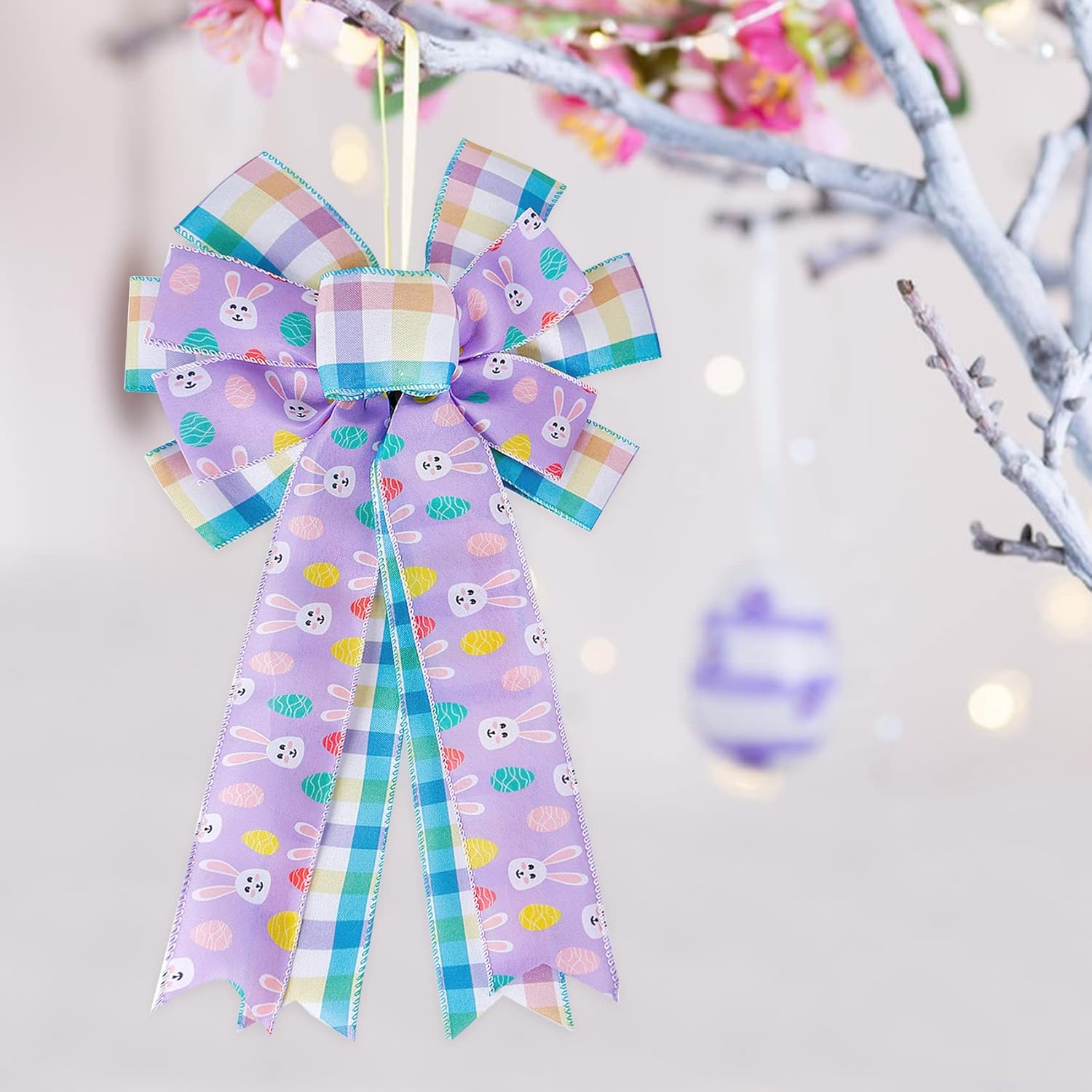 SIMISI Ribbon Easter Wreath Bow - Large Burlap Wired Bow with Bunny Eggs | Perfect for Door & Party Decor (11x17.7 Inch)