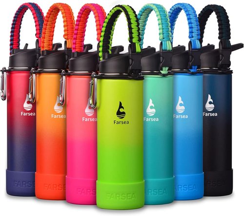 Farsea Insulated Water Bottle - 24 oz Stainless Steel With Paracord Handle & Dual Lids | BPA-Free, Sweat-Proof