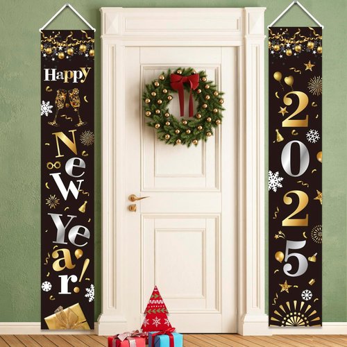 GOER New Year Banner - 72 Inch x 13 Inch Hanging Decoration for 2025 New Year's Eve Party - Black