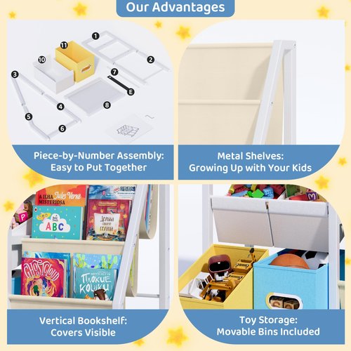 LATIBELL Kids Bookshelf Toy Storage Organizer - Book Shelf for Kid Rooms, 6 Toy Bins for Kid Organizer and 3 Sling Kids Bookcase, Toddler Baby Montessori Nursery Bookshelf Childrens Book Rack Display