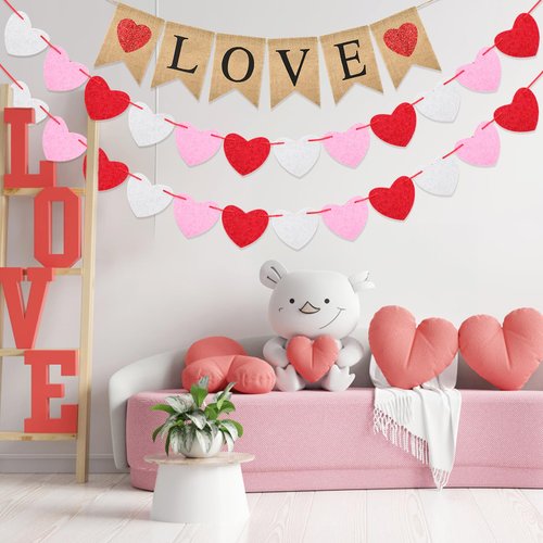 jijAcraft Valentines Burlap Banner with Felt Heart Banner for Valentines Day Décor, Pre-Assembled Rustic Love Hanging Banner & 24pcs Felt Heart Garland Banner Decor for Mantle Fireplace Wall