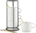 LYEOBOH Stackable Coffee Mugs with Rack, 13 oz Ceramic Coffee Mug Set of 4 with Stand, Latte Cup with Spoon, Cappuccino Cups for Hot Cocoa, Milk, White