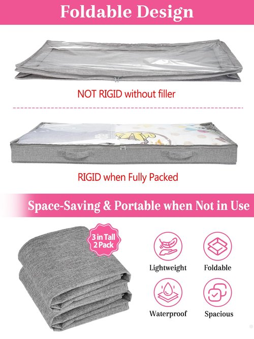 3-Inch High Under Bed Storage Containers, Low Profile Underbed Bins, NO RIGID STRUCTURE, Foldable Clothes Storage Organizer w/Lid & Zipper, Shallow Storage for Low Beds, Couches & Cribs, 2-Pack, Gray