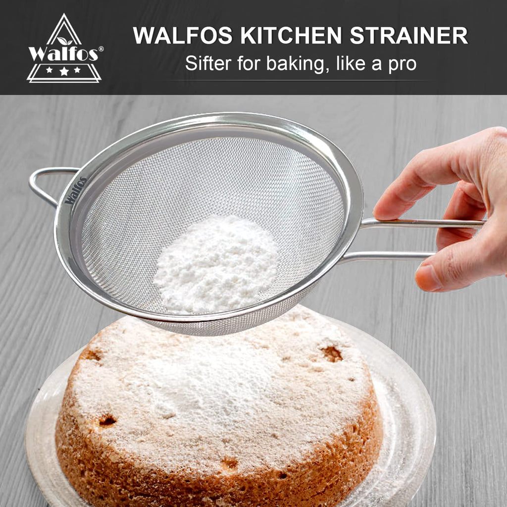 Walfos Extra Fine Mesh Strainer Set of 4-9.35", 6.95", 4.6", 2.7", Stainless Steel 30 Mesh Sieve with Sturdy Handle, Kitchen Food Strainers Sifters for Quinoa, Pasta, Fruits, Vegetables, Rice, Tea
