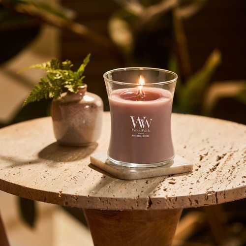 WoodWick Patchouli Crème Gifts for Women and Men, 9.7 oz Medium Hourglass Candle with Crackling Wick