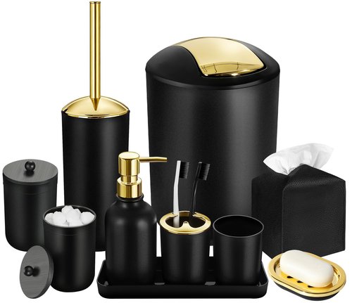 ALPIRIRAL Black and Gold Bathroom Decor, 10Pcs Black Bathroom Accessories Set, Soap Dispenser and Toothbrush Holder, Soap Dish, Cotton Ball & Qtip Holder, Toilet Brush Holder, Tissue Box Cover